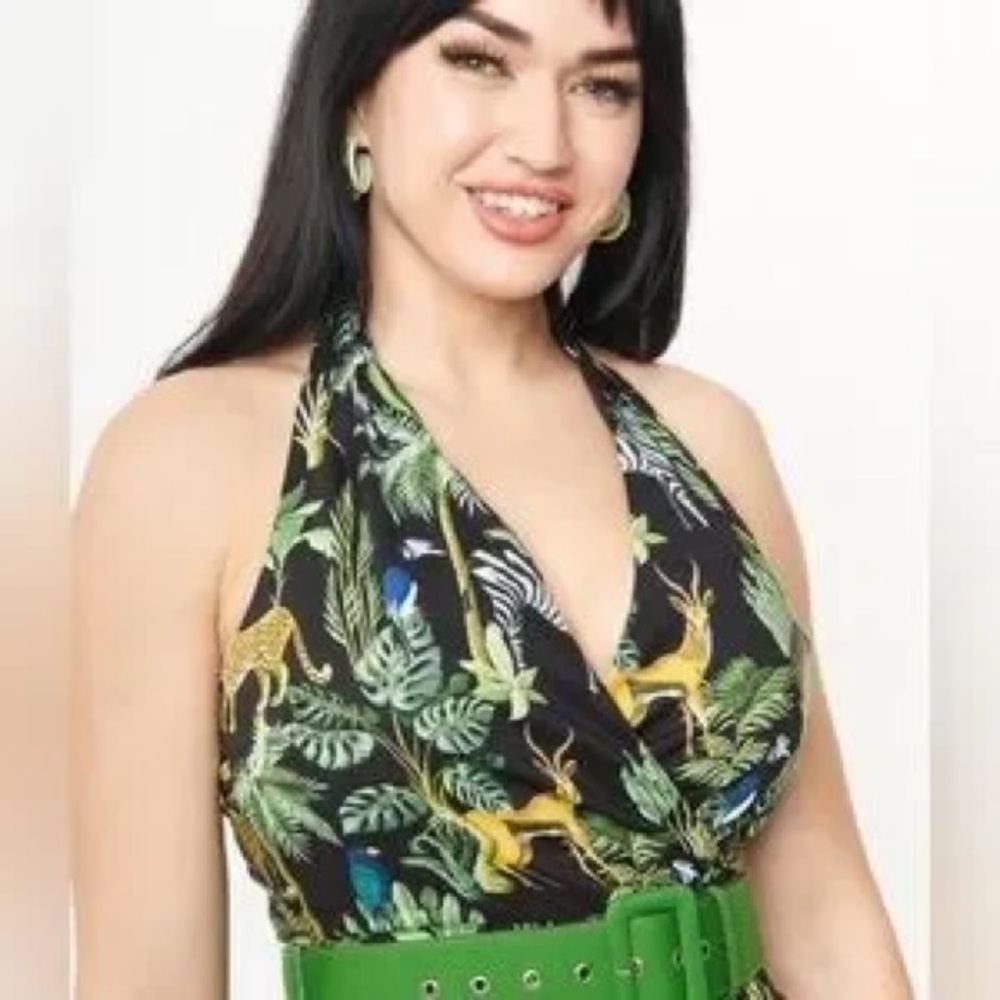 Unique Vintage Tropical Jungle Print Halter Dress - Picture 2 of 8